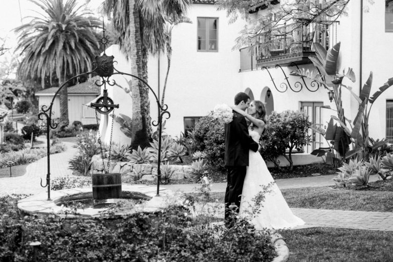 bride and groom garden embrace